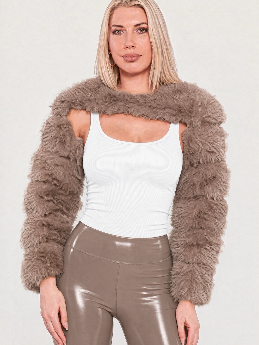 Faux Fur Bolero Shrug Jacket - Taupe